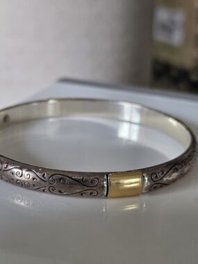 Silver Engraved Bangle Bracelet with Gold Accent Korea
